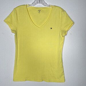 Tommy Hilfiger V Neck T Shirt Y2K Juniors Large Baby Tee Academia Yellow